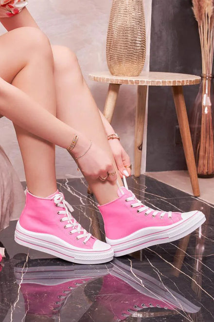 PINK LACE UP CANVAS TRAINERS HI TOP SHOES