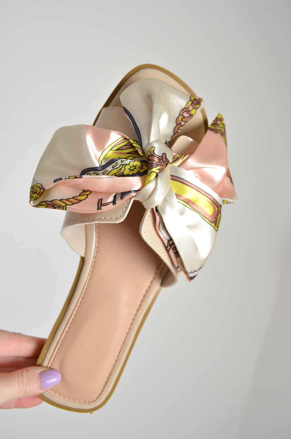 Nude Patent Scarf Print Bow Slider Sandals