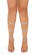 SILVER SATIN LACE UP HEELS WITH FRONT STRAP AND DIAMANTE DETAIL