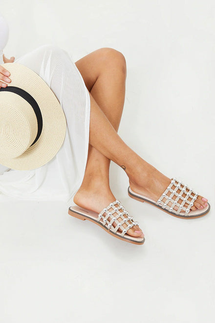 Nude PU Studded Caged Slider Sandals