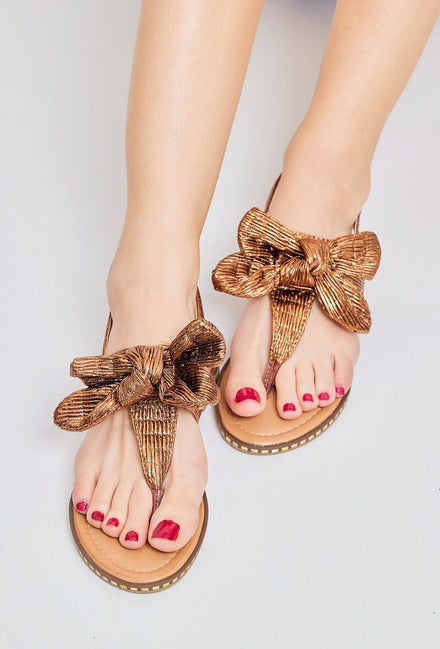 BROWN BOW DETAIL FLAT SANDALS