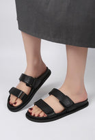 DOUBLE STRAP FLAT SLIDER SANDALS IN BLACK