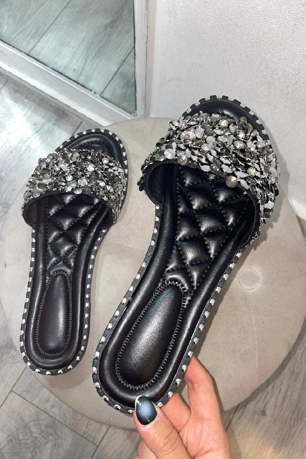 Black Crystal Embellished Slide Sandals