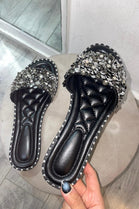 Black Crystal Embellished Slide Sandals