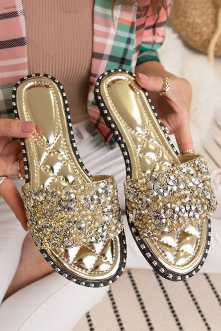 Gold Crystal Embellished Slide Sandals