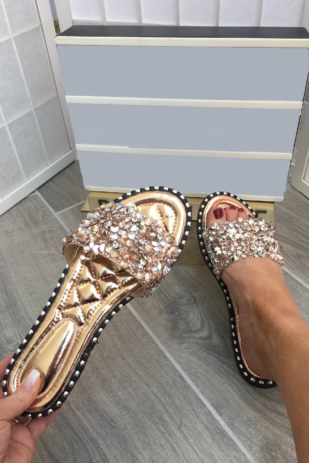 Rose Gold Embellished Sparkly Flat Slider Sandals