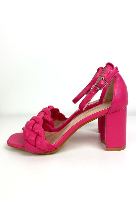 Fuchsia Pink PU Block Heel Woven Strap Sandals