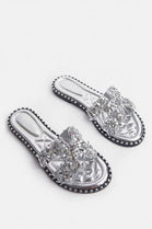 Silver Embellished Sparkly Flat Slider Sandals