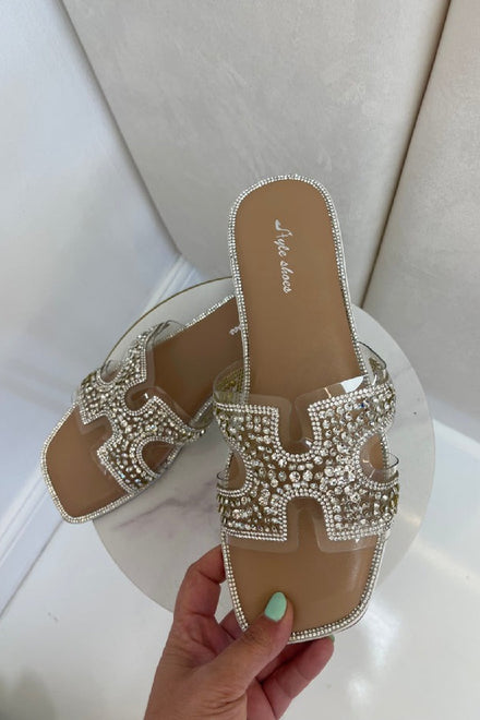 CLEAR DIAMANTE STRAP DESIGNER FLAT SLIDER