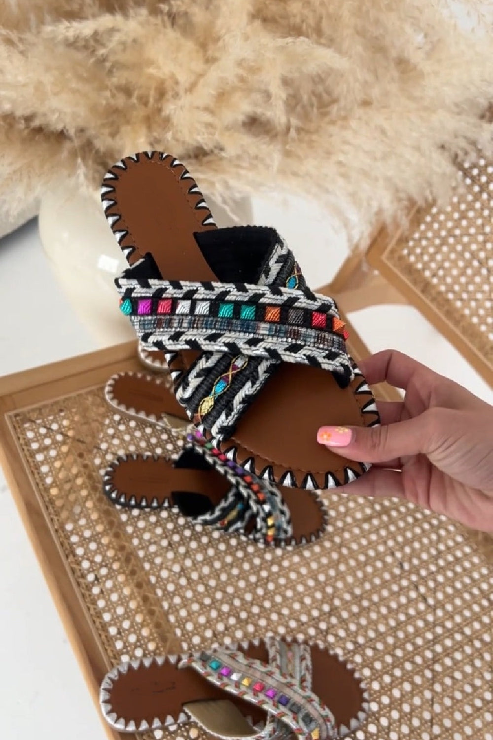 BLACK MULTI COLOUR EMBELLISHED FLAT STRAPPY SUMMER SLIDER SANDALS