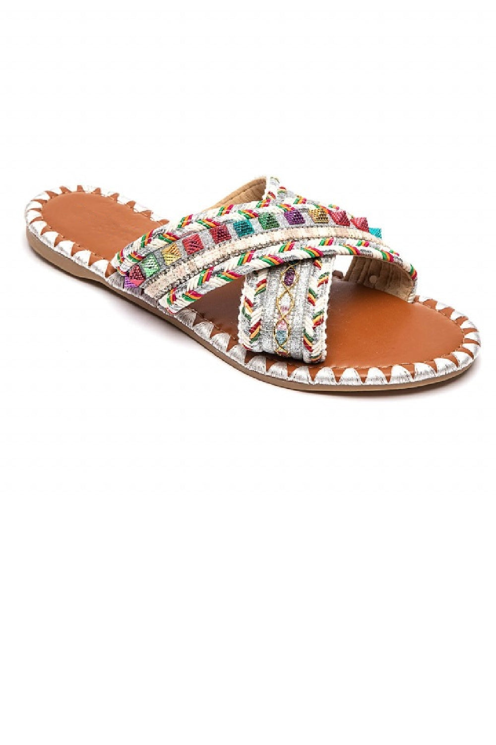 WHITE MULTI COLOUR EMBELLISHED FLAT STRAPPY SUMMER SLIDER SANDALS