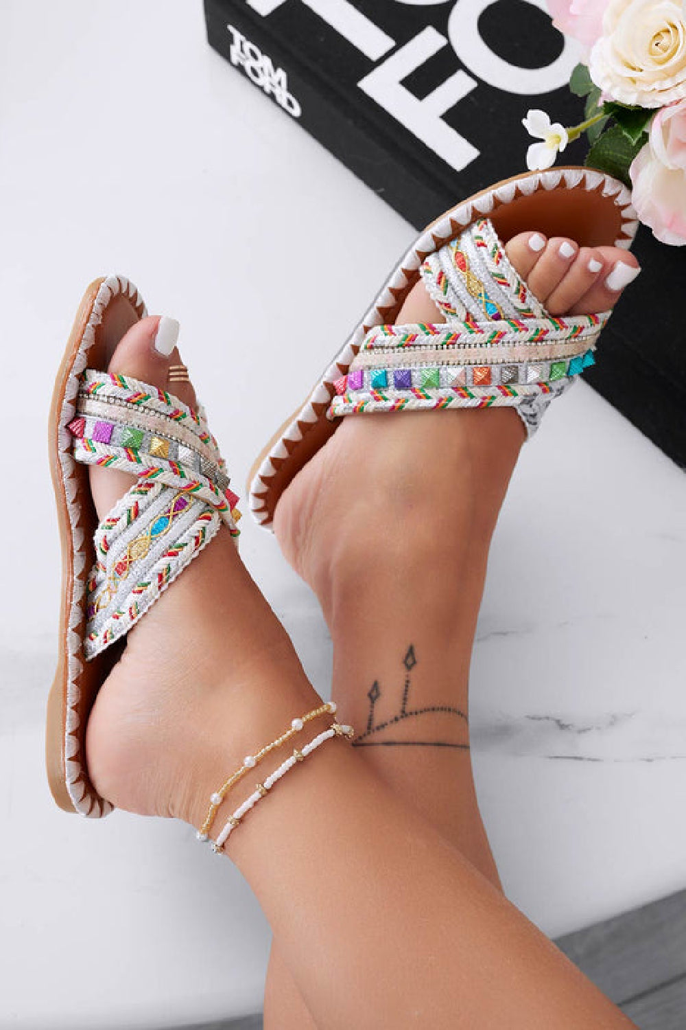 WHITE MULTI COLOUR EMBELLISHED FLAT STRAPPY SUMMER SLIDER SANDALS