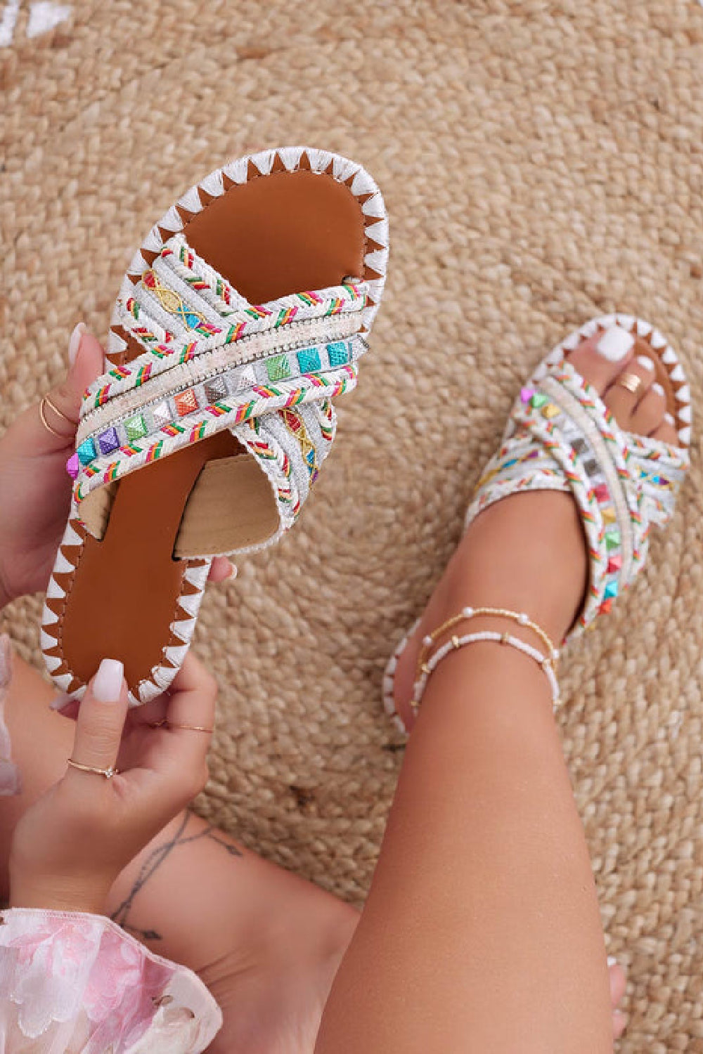 WHITE MULTI COLOUR EMBELLISHED FLAT STRAPPY SUMMER SLIDER SANDALS