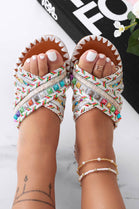 WHITE MULTI COLOUR EMBELLISHED FLAT STRAPPY SUMMER SLIDER SANDALS