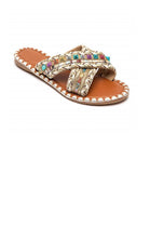 Boho Tribal Woven Criss-Cross Flat Slides Summer Sandals in Beige