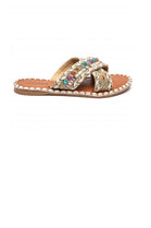 Boho Tribal Woven Criss-Cross Flat Slides Summer Sandals in Beige