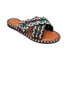 Boho Tribal Woven Criss-Cross Flat Slides Summer Sandals in Black