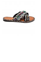 Boho Tribal Woven Criss-Cross Flat Slides Summer Sandals in Black