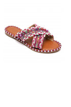 Boho Tribal Woven Criss-Cross Flat Slides Summer Sandals in Fuchsia