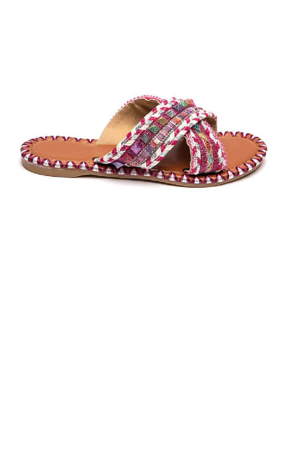 Boho Tribal Woven Criss-Cross Flat Slides Summer Sandals in Fuchsia