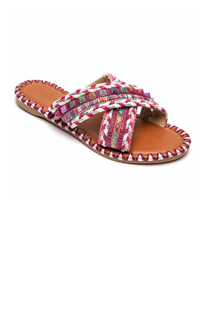 Boho Tribal Woven Criss-Cross Flat Slides Summer Sandals in Fuchsia