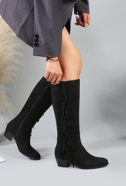 FRINGED FAUX SUEDE COWBOY KNEE HIGH BOOTS IN BLACK