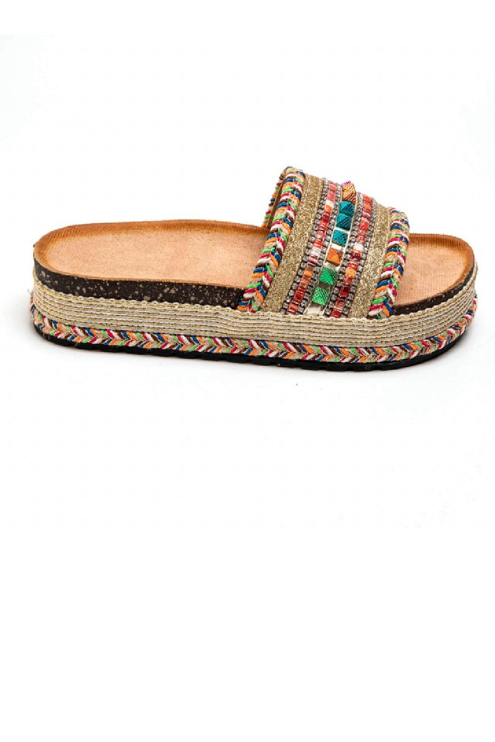 MULTI COLOUR BRAIDED FLATFORM MULTI COLOUR STUDS SLIP ON SUMMER SANDALS