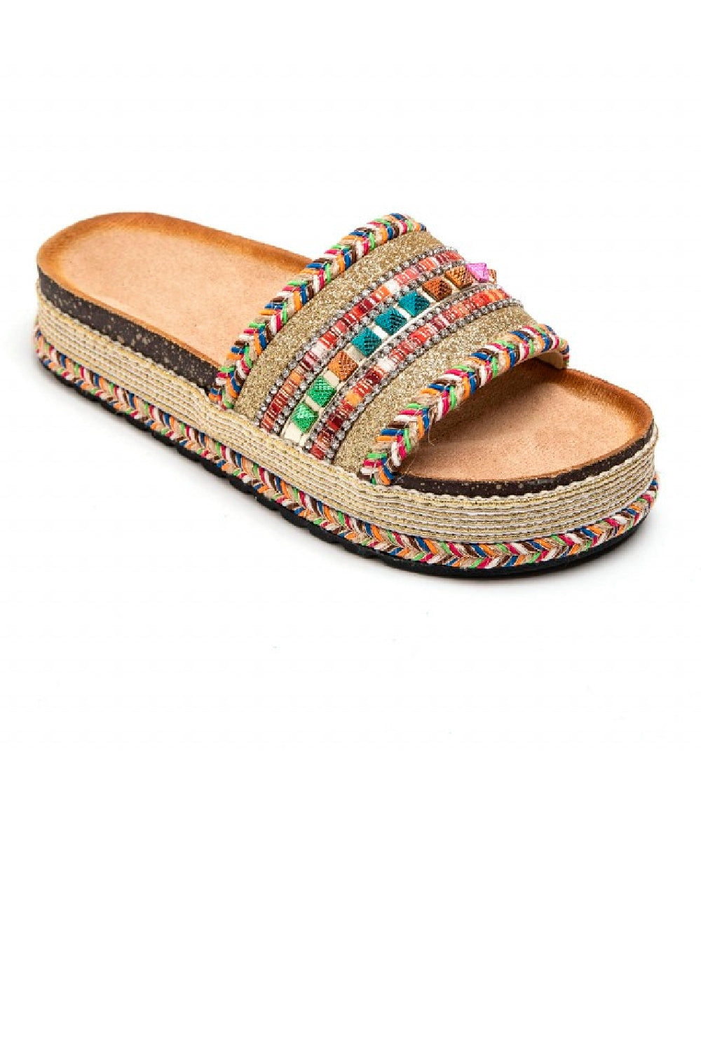 MULTI COLOUR BRAIDED FLATFORM MULTI COLOUR STUDS SLIP ON SUMMER SANDALS