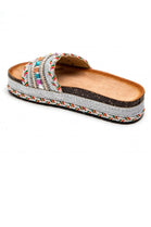 SILVER BRAIDED FLATFORM MULTI COLOUR STUDS SLIP ON SUMMER SANDALS