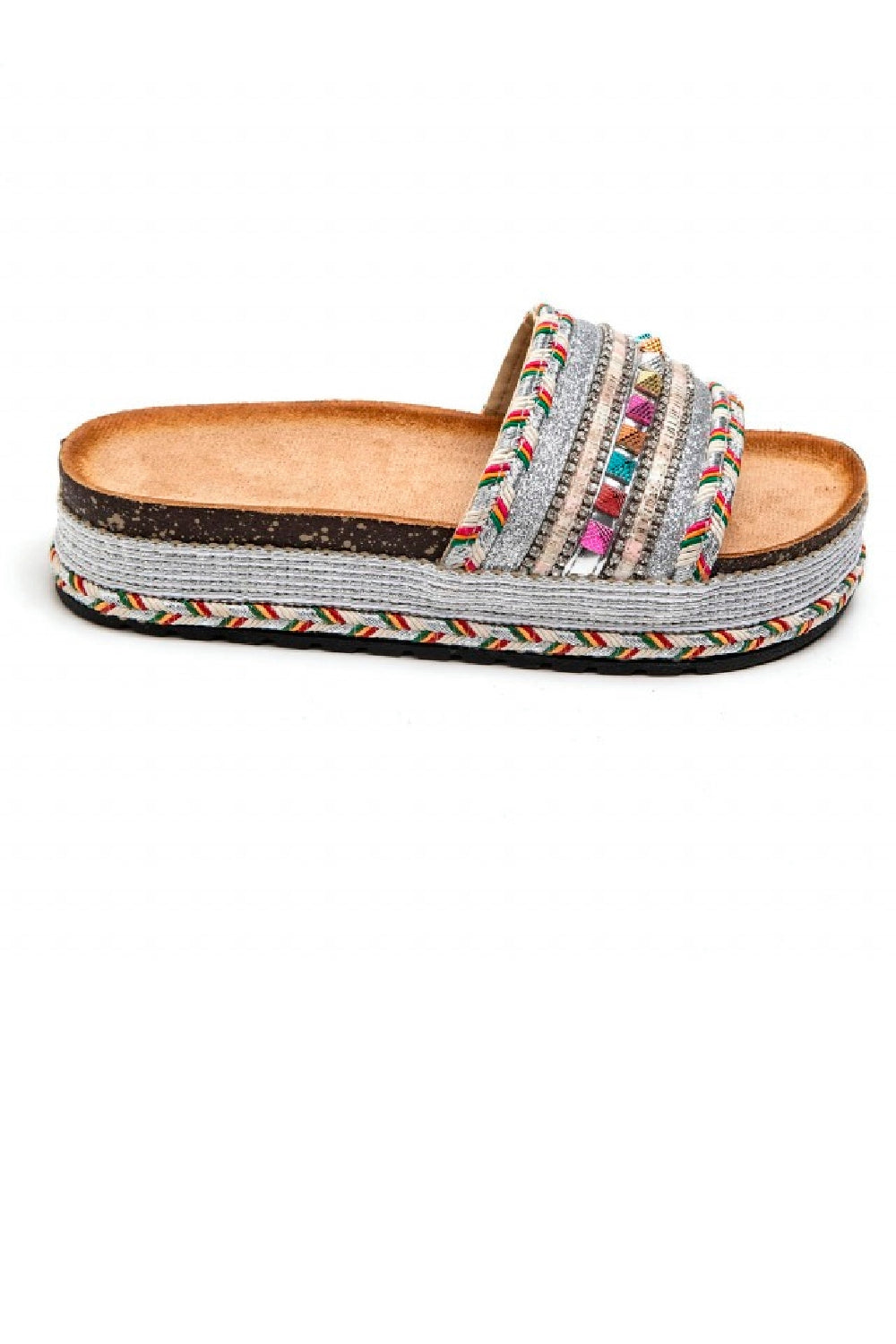 SILVER BRAIDED FLATFORM MULTI COLOUR STUDS SLIP ON SUMMER SANDALS