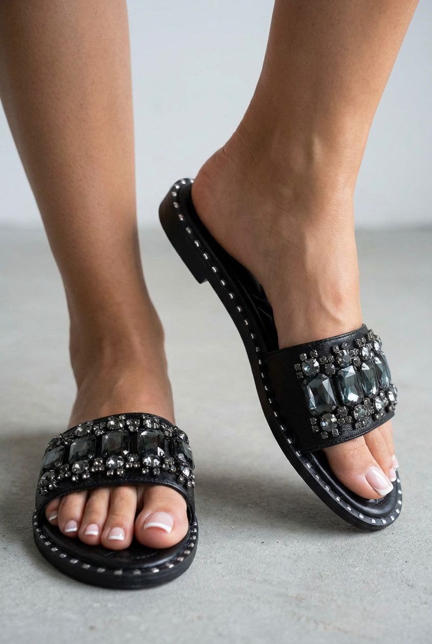 Jewel Embellished Flat Slider Sandals - Sparkly Summer Mules in Black