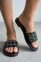 Jewel Embellished Flat Slider Sandals - Sparkly Summer Mules in Black