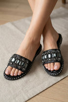 Jewel Embellished Flat Slider Sandals - Sparkly Summer Mules in Black