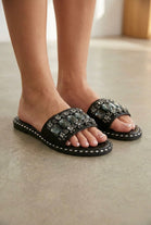 Jewel Embellished Flat Slider Sandals - Sparkly Summer Mules in Black