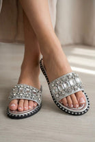 Jewel Embellished Flat Slider Sandals - Sparkly Summer Mules in Silver