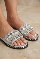 Jewel Embellished Flat Slider Sandals - Sparkly Summer Mules in Silver