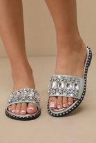 Jewel Embellished Flat Slider Sandals - Sparkly Summer Mules in Silver
