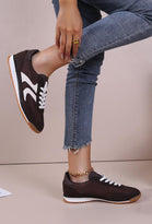 WOMEN'S SIDE DETAILED ROUND TOE SLIP ON GUM SOLE TRAINERS IN DARK BROWN