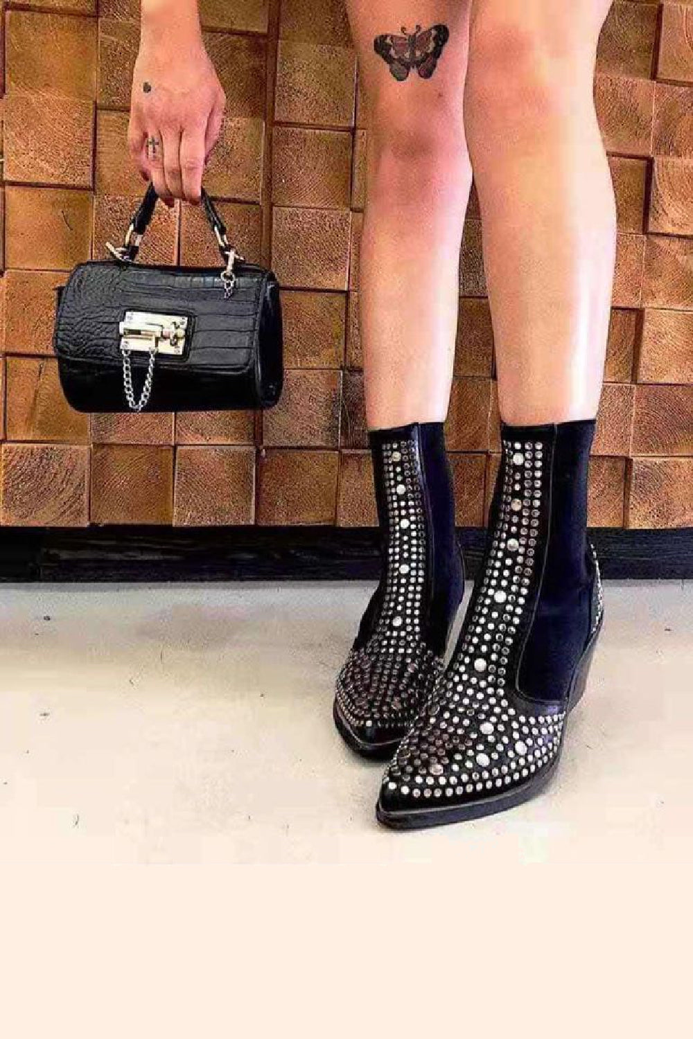 BLACK STUDDED ELASTICATED ANKLE LENGTH WESTERN COWBOY BOOTS