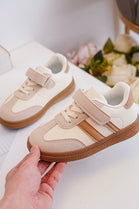 KIDS LACE UP VELCRO STRAP STRIPE DETAIL ANKLE BOOTS TRAINERS IN BEIGE 25-30 SIZES