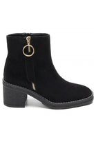 WOMENS BLACK FAUX SUEDE RING ZIP BLOCK HEEL ANKLE BOOTS