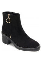 WOMENS BLACK FAUX SUEDE RING ZIP BLOCK HEEL ANKLE BOOTS