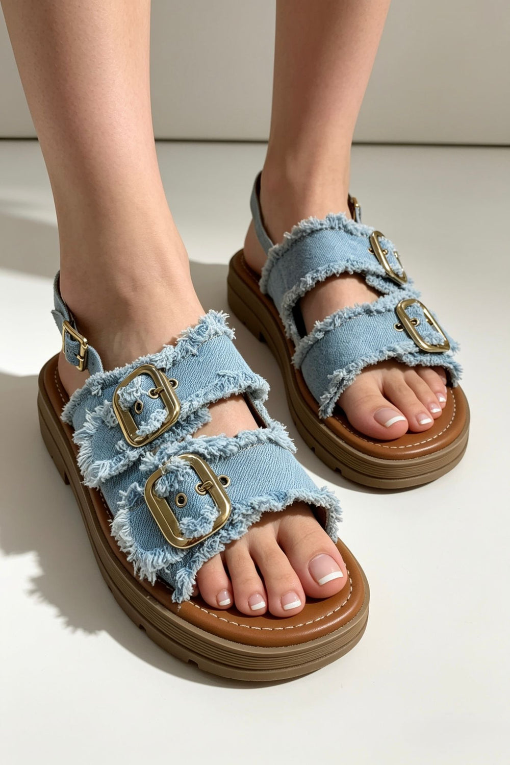 Light Blue Denim Double Buckle Slingback Summer Slides