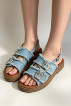 Light Blue Denim Double Buckle Slingback Summer Slides