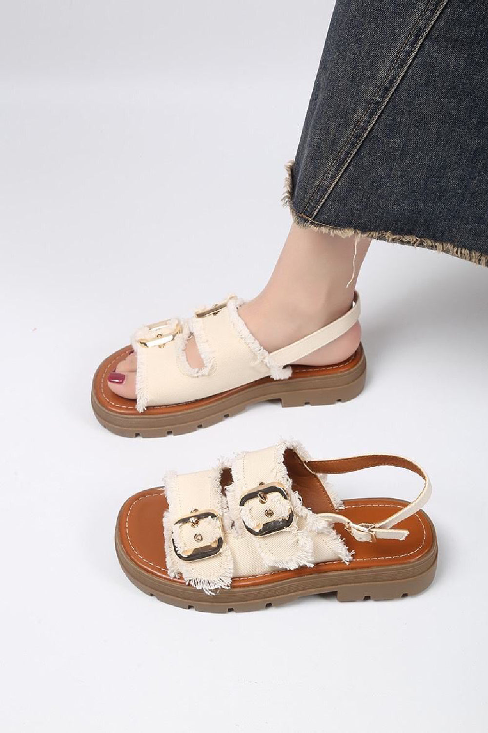 Beige Denim Buckle Platform Sandals Slingback Summer Slides