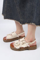 Beige Denim Buckle Platform Sandals Slingback Summer Slides