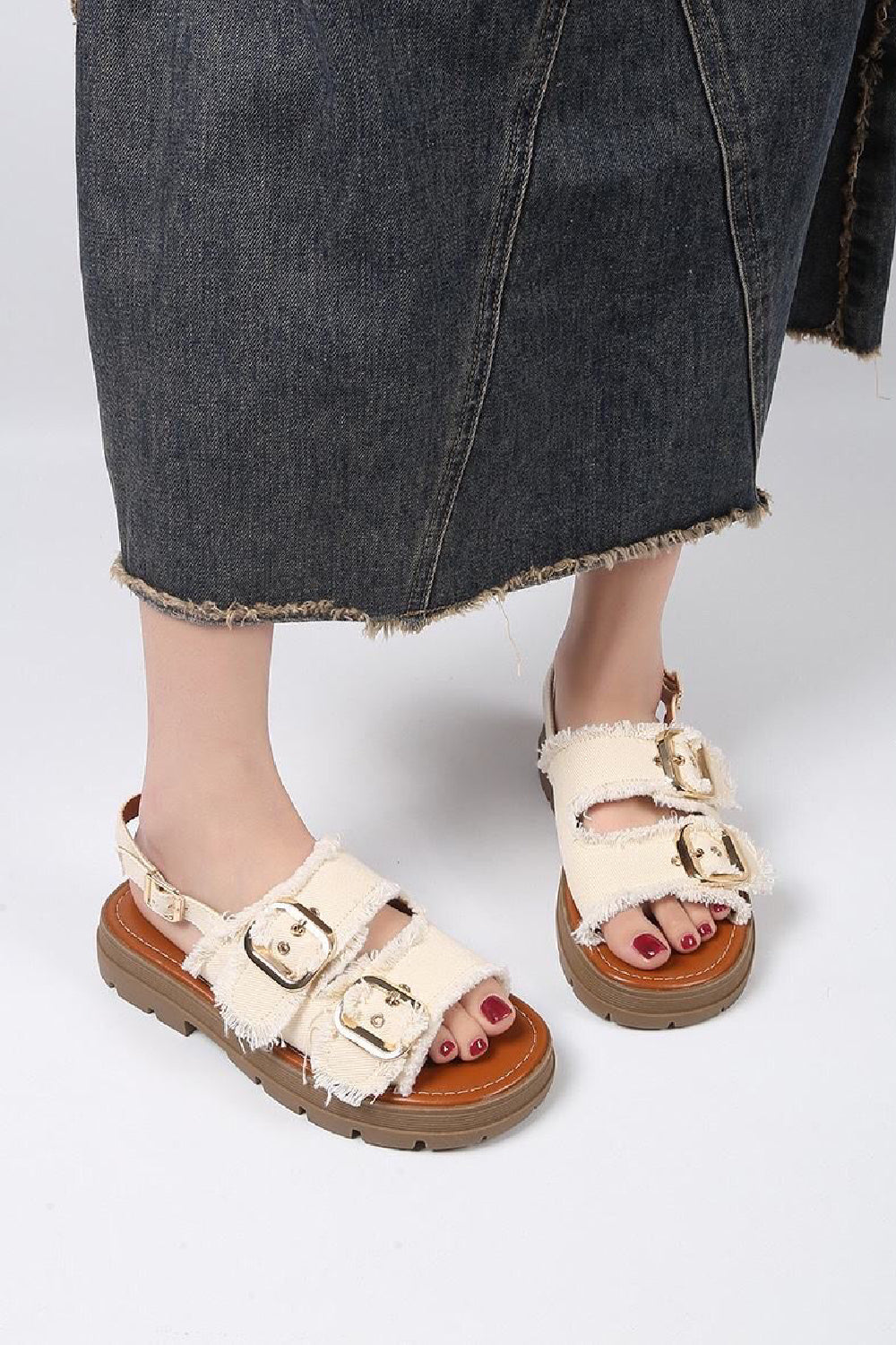 Beige Denim Buckle Platform Sandals Slingback Summer Slides