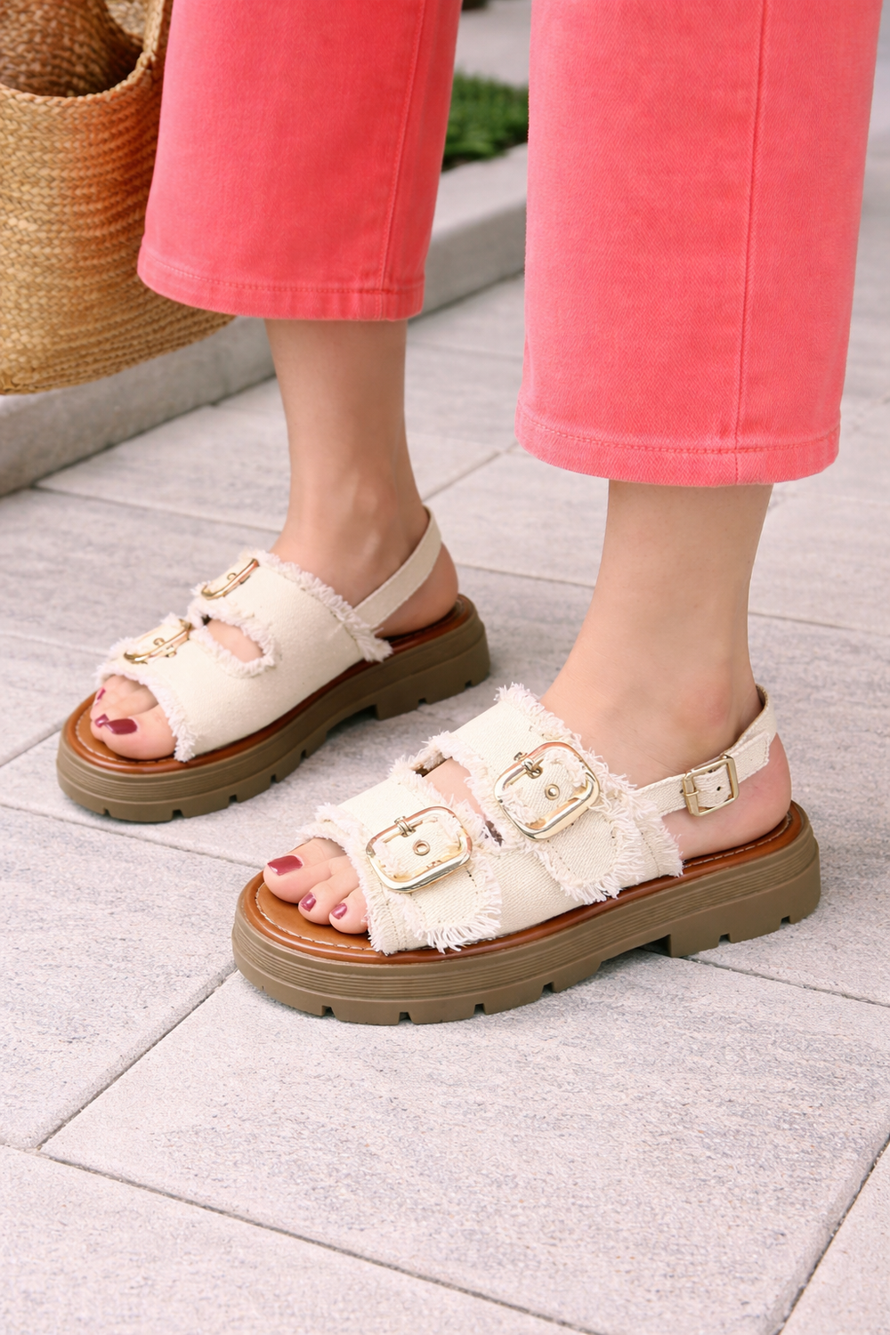Beige Denim Buckle Platform Sandals Slingback Summer Slides
