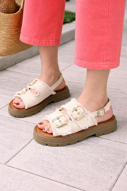 Beige Denim Buckle Platform Sandals Slingback Summer Slides