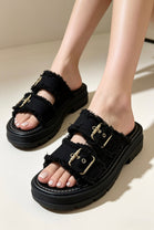 Wholesale Black Frayed Canvas Double-Buckle Sandals